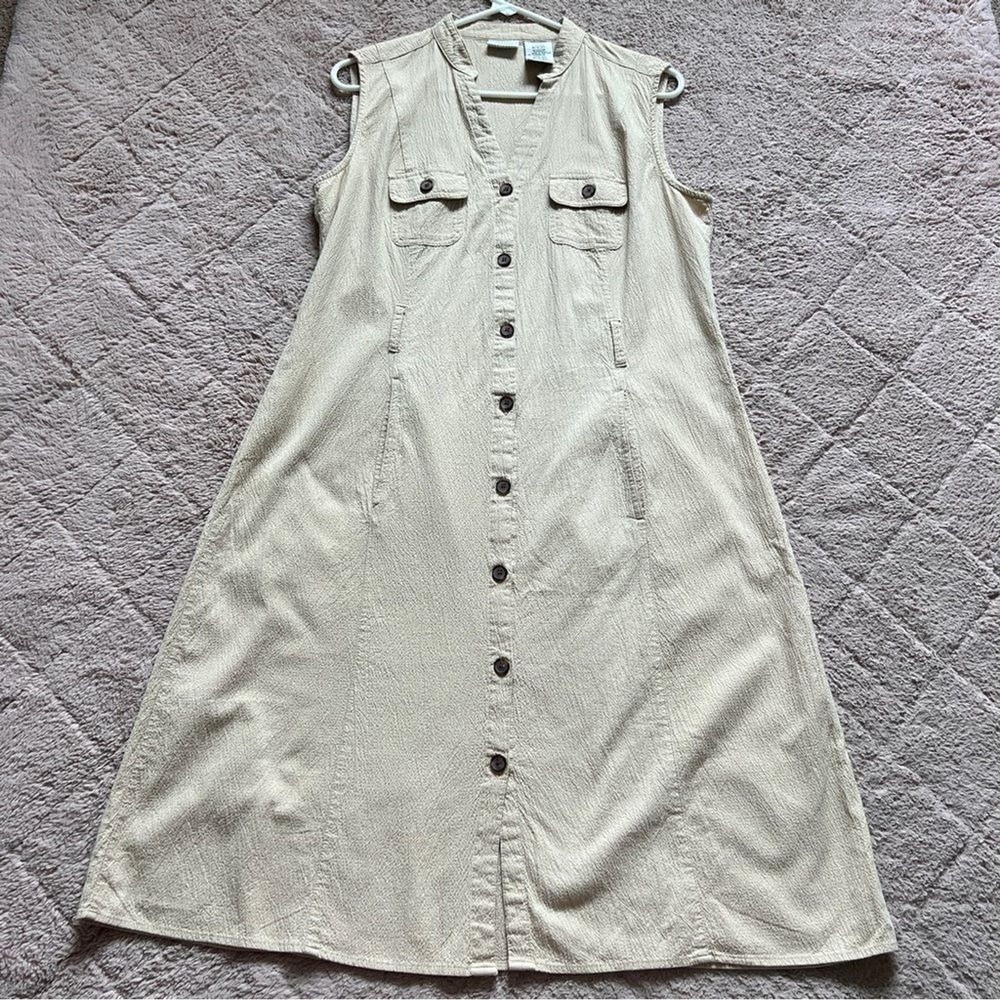 Vtg White Stag‎ Stretch Button Down Midi Dress Preppy Minimalist Cottage Size M